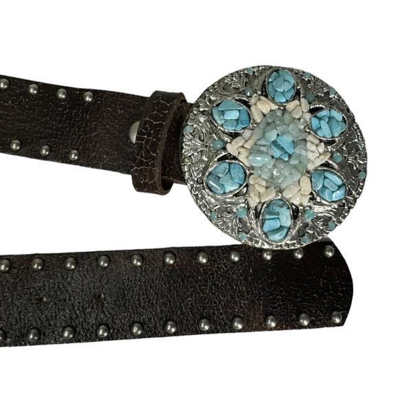 Leatherock Brown Leather Studded Turquoise Embellished Belt 32 Boho Western - Picture 5 of 7